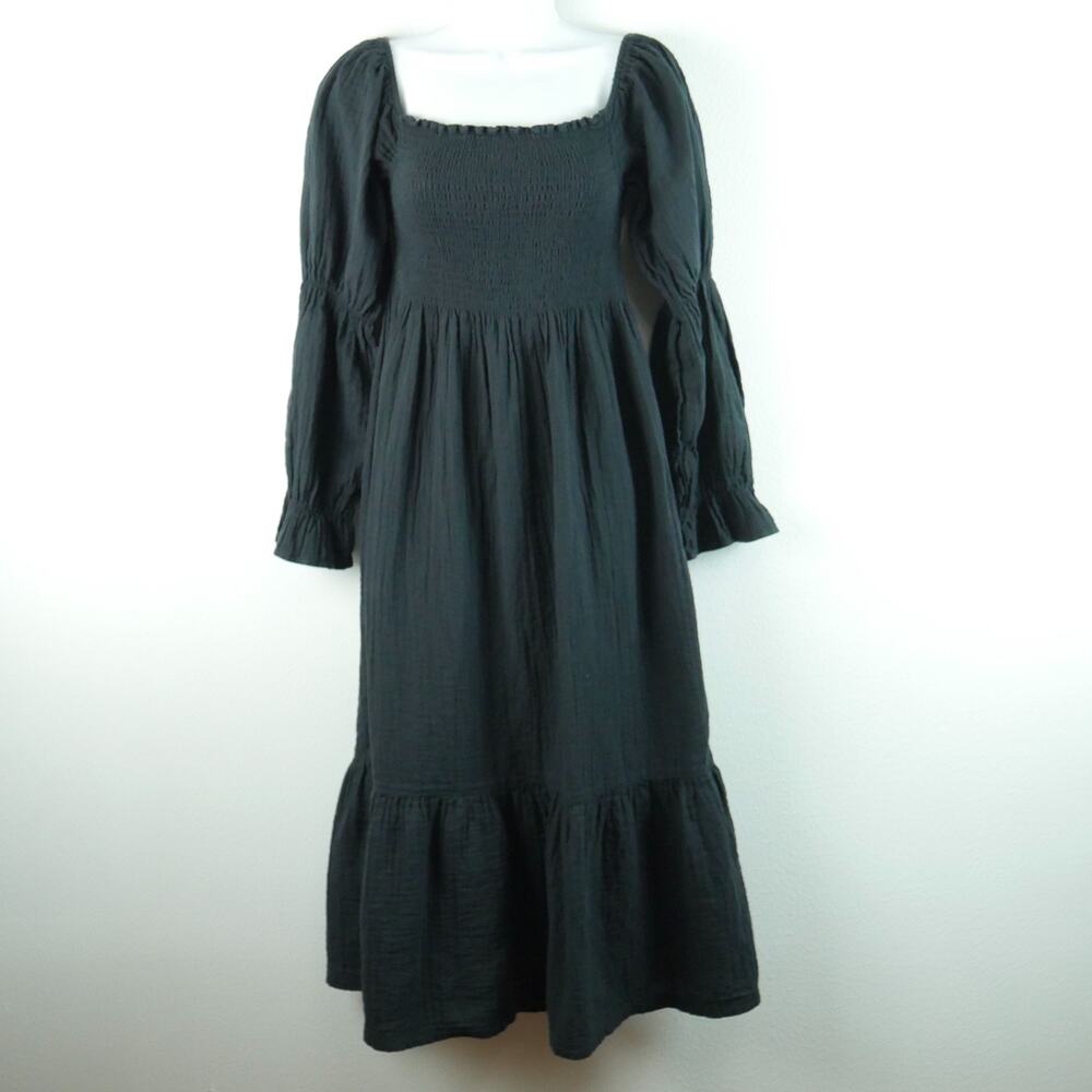 Quince Organic Cotton Gauze Smocked Maternity Dress Black Small Midi Tiered